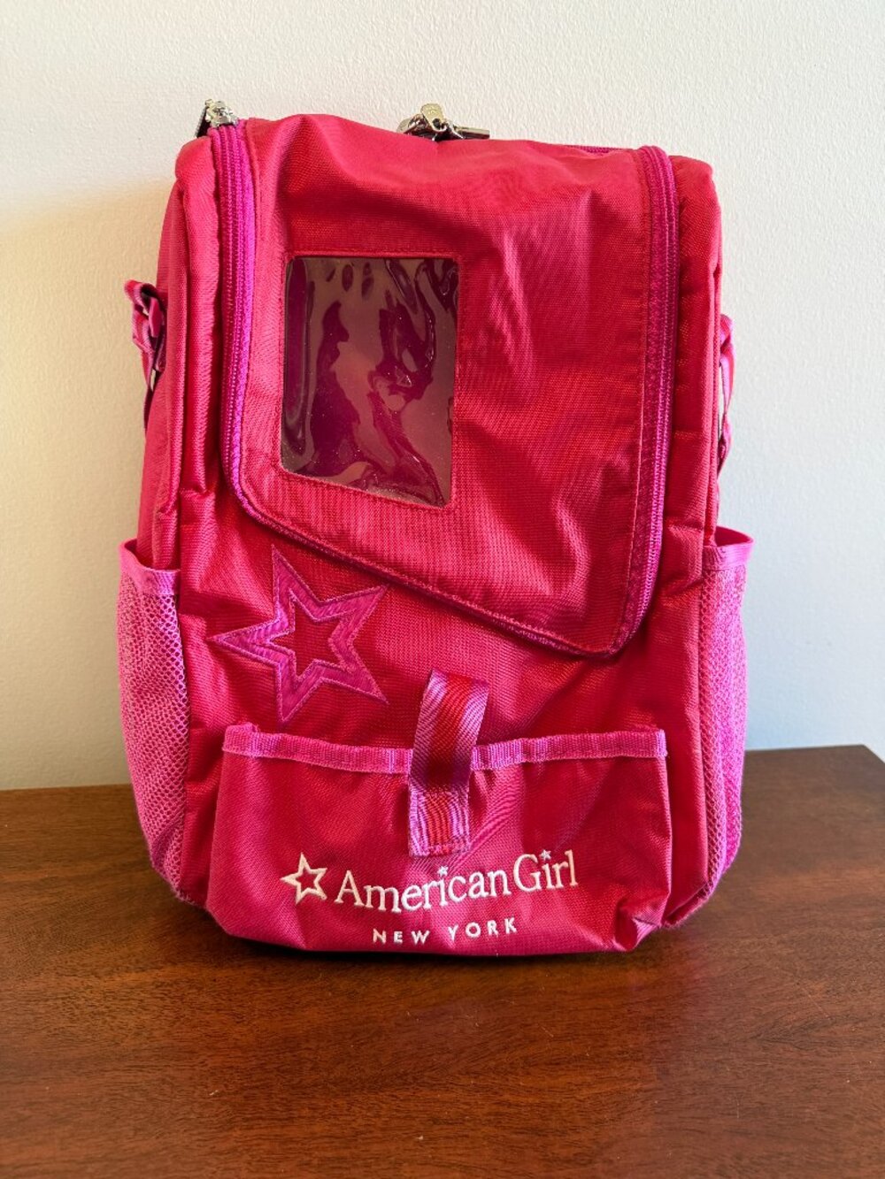 American Girl Doll 15" Carrier Bag Case Red Pink with Clear Window Travel Storag